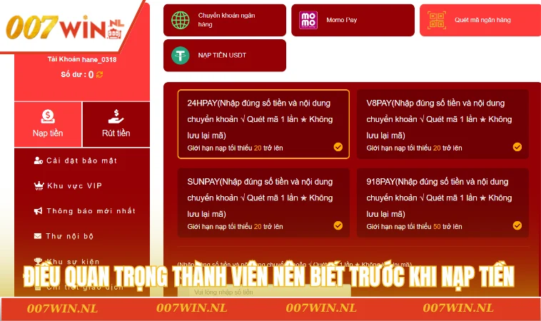 Điều quan trọng thành viên nên biết trước khi nạp tiền 007WIN